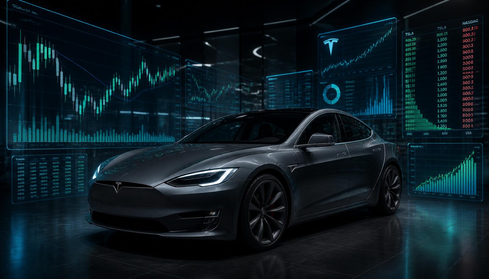 Tesla Model S with live stock market charts and trading screens